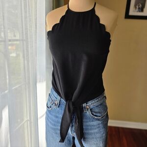 June & Ivy Scalloped Black Tie-Front Top - Women's XS Cute Sunmer Vibes